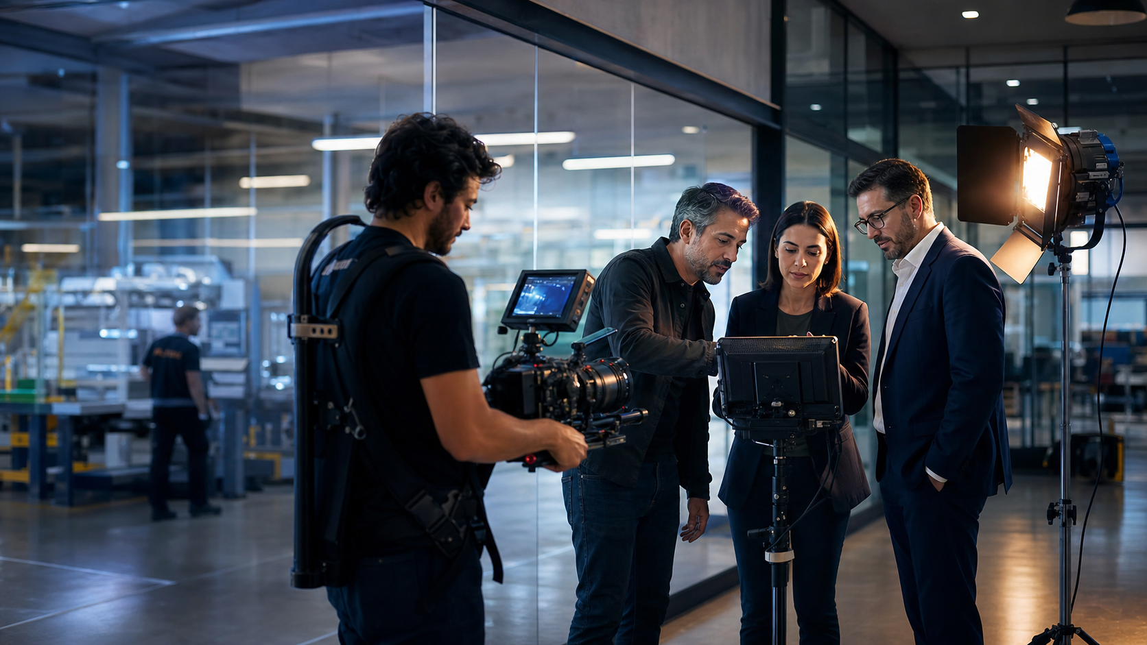 Equipo de produccion grabando video institucional en una empresa